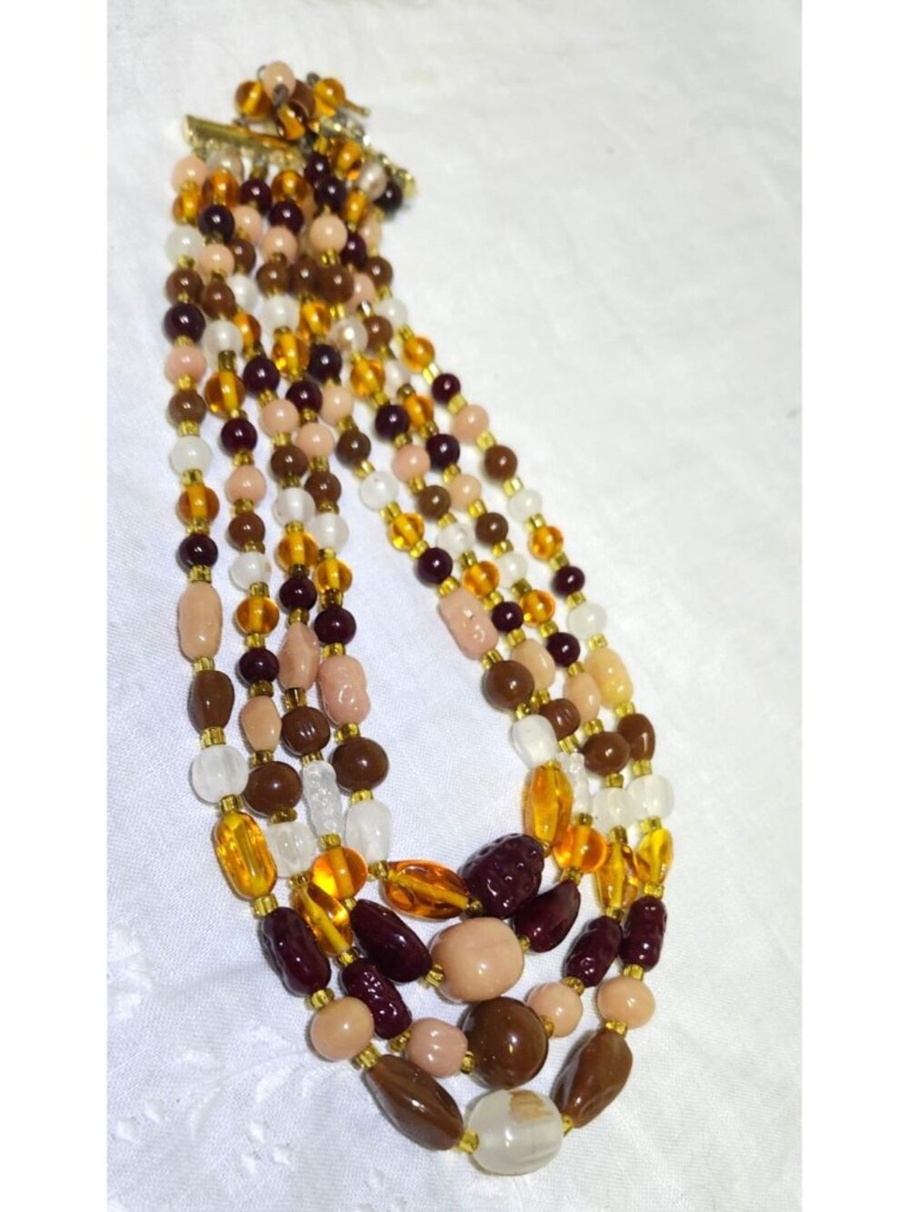 Vintage Multi-Strand Amber Burgundy Cream Beaded Necklace Statement Jewelry - Picture 9 of 9